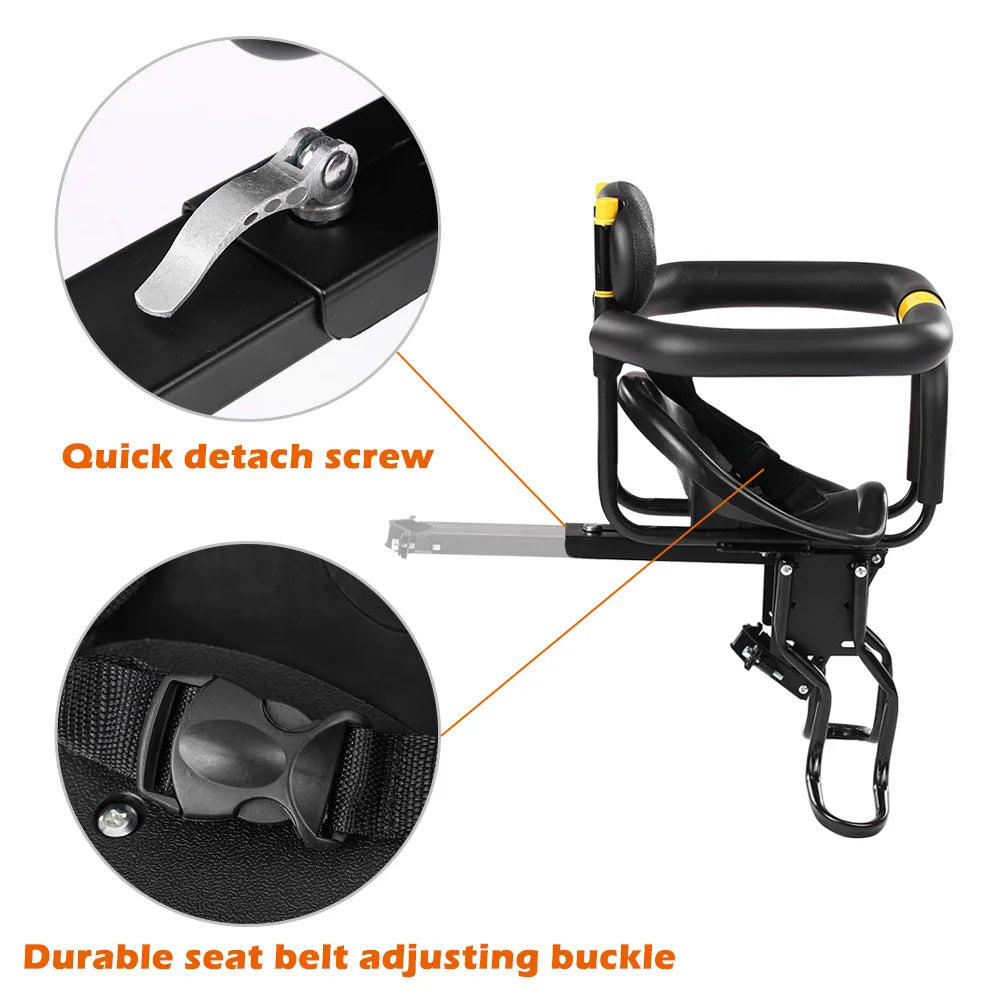 PANGDUBE Universal Front Bike Child Seat Adjustable Baby Bicycle Carrier with Safety Belt Foldable Kids Cycle Seat for Mountain