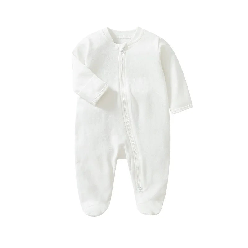 Newborn Baby Boys Girls Clothing 0-3 Months Pure Cotton Zipper Jumpsuit Long Sleeve Solid Color Bind Foot Bodysuits