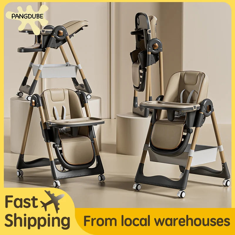 PANGDUBE Baby High Chair for Feeding Foldable Baby Dining Chair Adjustable Height Reclining Chair with Wheels, Storage Basket