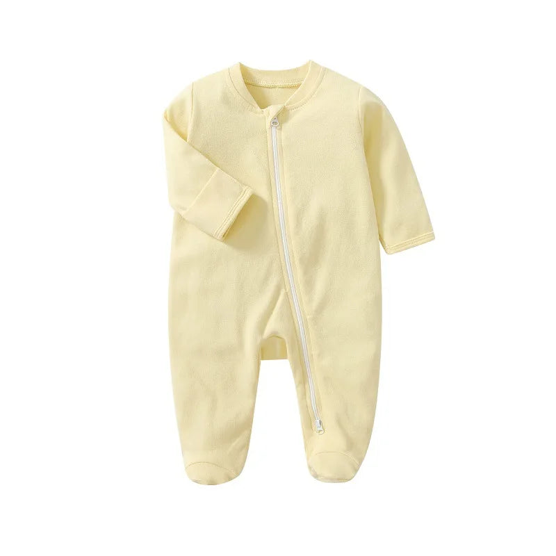 Newborn Baby Boys Girls Clothing 0-3 Months Pure Cotton Zipper Jumpsuit Long Sleeve Solid Color Bind Foot Bodysuits