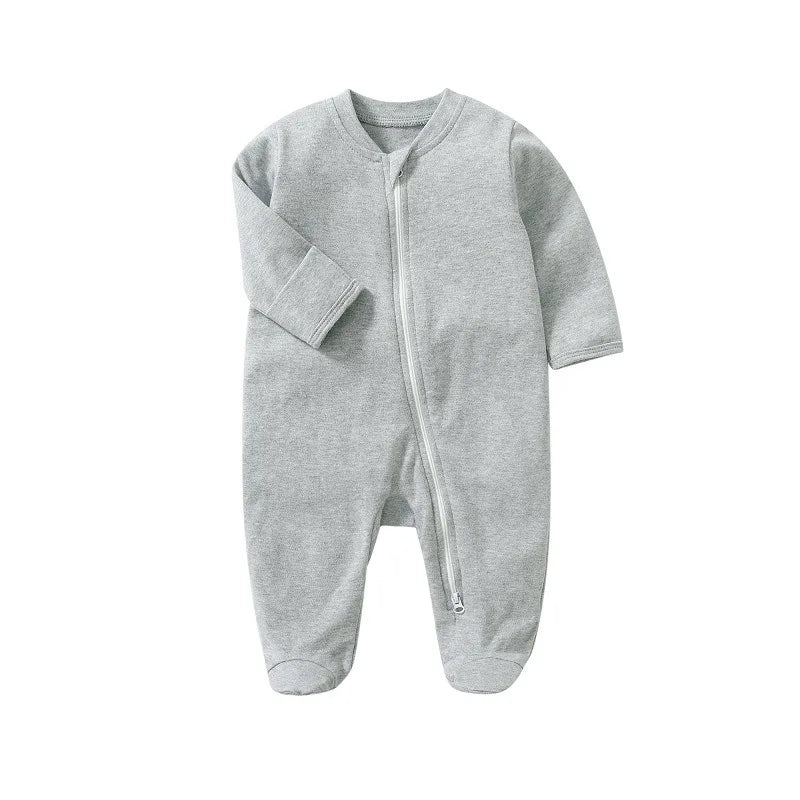 Newborn Baby Boys Girls Clothing 0-3 Months Pure Cotton Zipper Jumpsuit Long Sleeve Solid Color Bind Foot Bodysuits