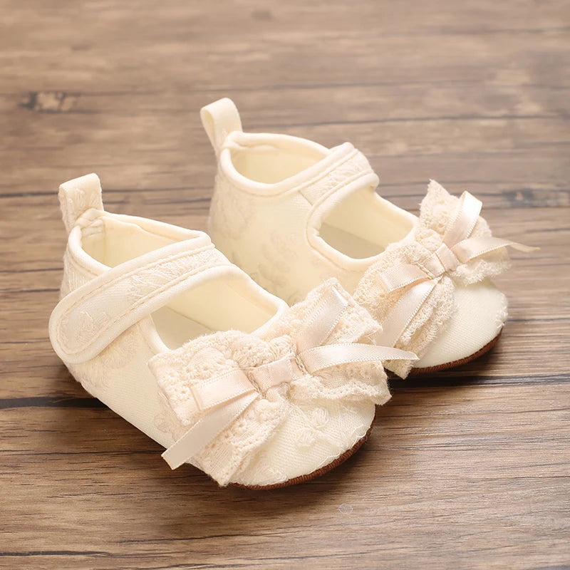 Newborn Baby Girls Mary Jane Flats Cute Bowknot Wedding Dress Shoes Non-Slip First Walkers Embroidery Flower Soft Shoes