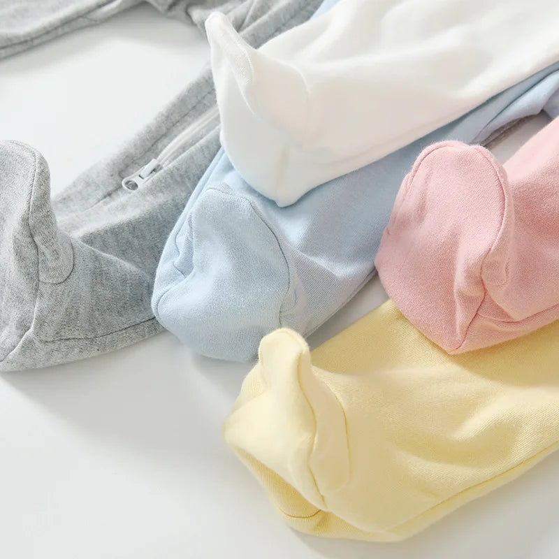 Newborn Baby Boys Girls Clothing 0-3 Months Pure Cotton Zipper Jumpsuit Long Sleeve Solid Color Bind Foot Bodysuits