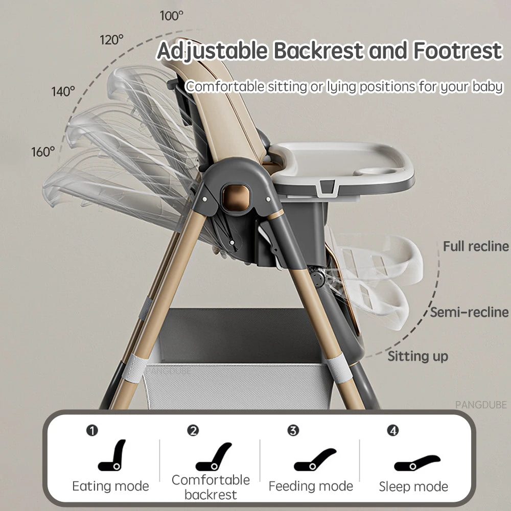PANGDUBE Baby High Chair for Feeding Foldable Baby Dining Chair Adjustable Height Reclining Chair with Wheels, Storage Basket