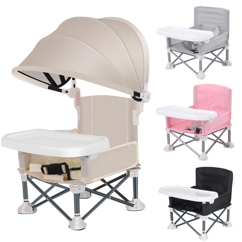Folding Baby Chair with Umbrella Outdoor Beach Travel Baby Eating Seats Sunshade Awning Detachable Feeding Tray Kids Chairs