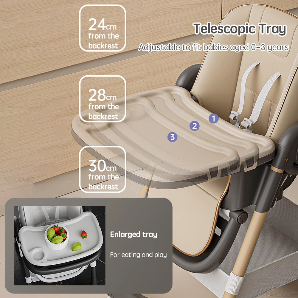 PANGDUBE Baby High Chair for Feeding Foldable Baby Dining Chair Adjustable Height Reclining Chair with Wheels, Storage Basket