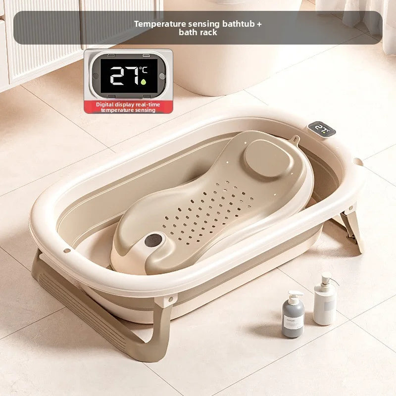 Foldable Baby Bathtub with Digital Temperature Display, Large Smart Thermostatic Infant Bath Tub for Newborns