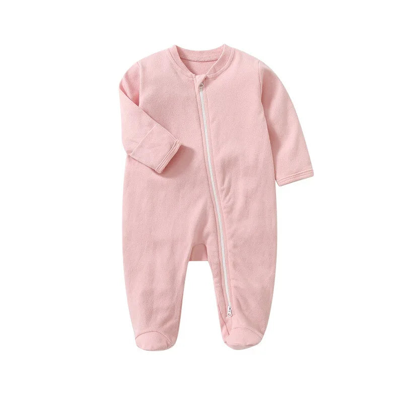 Newborn Baby Boys Girls Clothing 0-3 Months Pure Cotton Zipper Jumpsuit Long Sleeve Solid Color Bind Foot Bodysuits