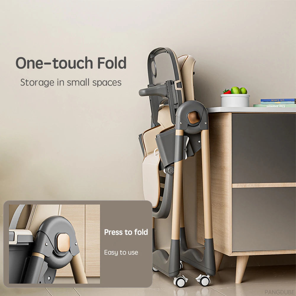 PANGDUBE Baby High Chair for Feeding Foldable Baby Dining Chair Adjustable Height Reclining Chair with Wheels, Storage Basket