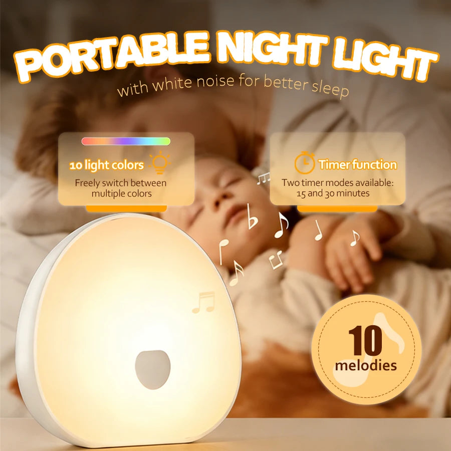 Mini Night Light with White Noise, 10 Soothing Sounds, 15/30min Timer, Colorful Lighting, Rechargeable Portable Night Light